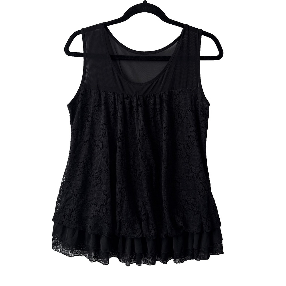 Whimsigoth Black Lace Bubble Hem Sleeveless Blouse Women's M Boho Summer Resort